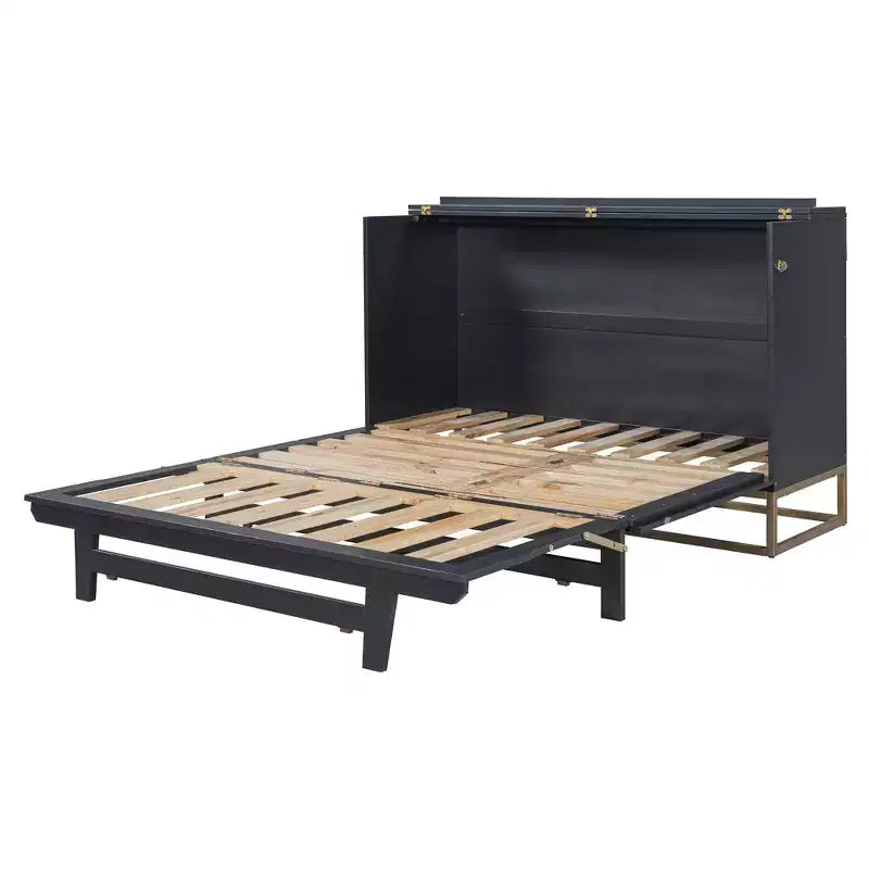 Lit escamotable Queen noir/gris/blanc – Portes en verre dépoli et pieds dorés, lit mural pliant pour 2
