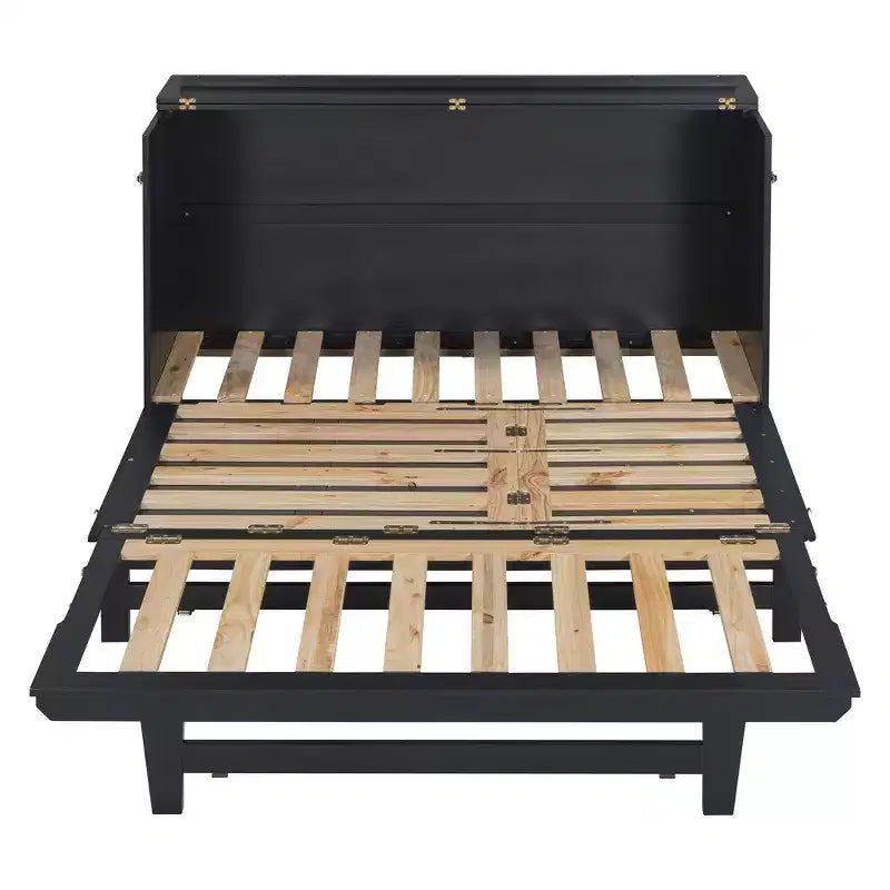 Lit escamotable Queen noir/gris/blanc – Portes en verre dépoli et pieds dorés, lit mural pliant pour 2