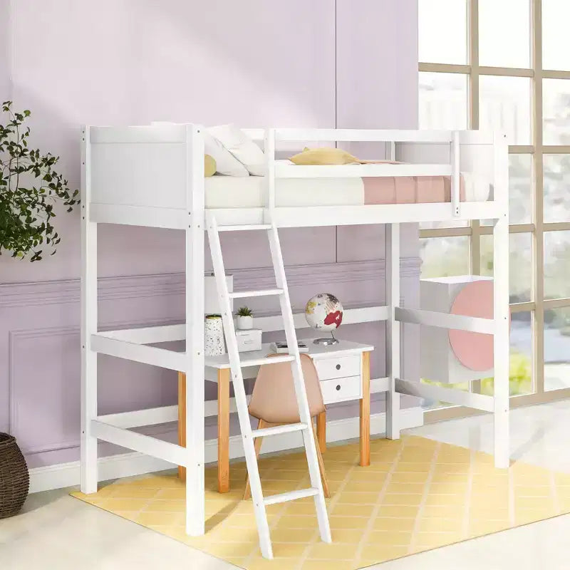 Lit mezzanine double blanc avec échelle et barrières de sécurité, 1 personne