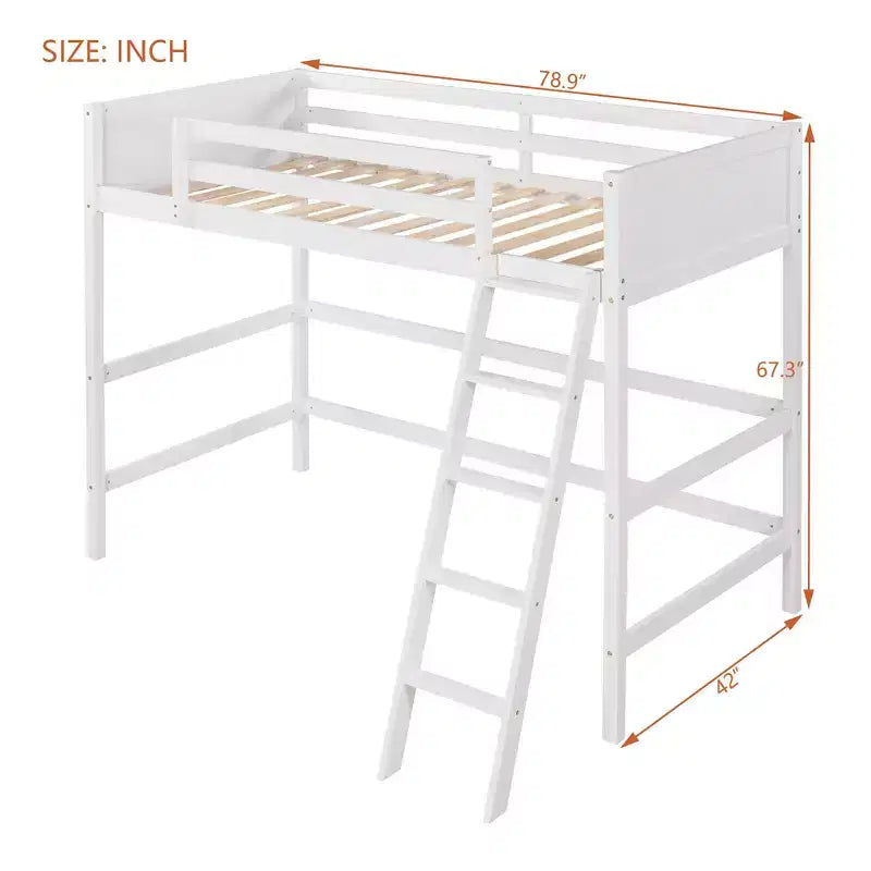 Lit mezzanine double blanc avec échelle et barrières de sécurité, 1 personne