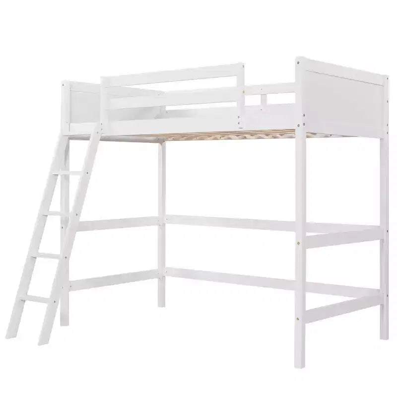 Lit mezzanine double blanc avec échelle et barrières de sécurité, 1 personne