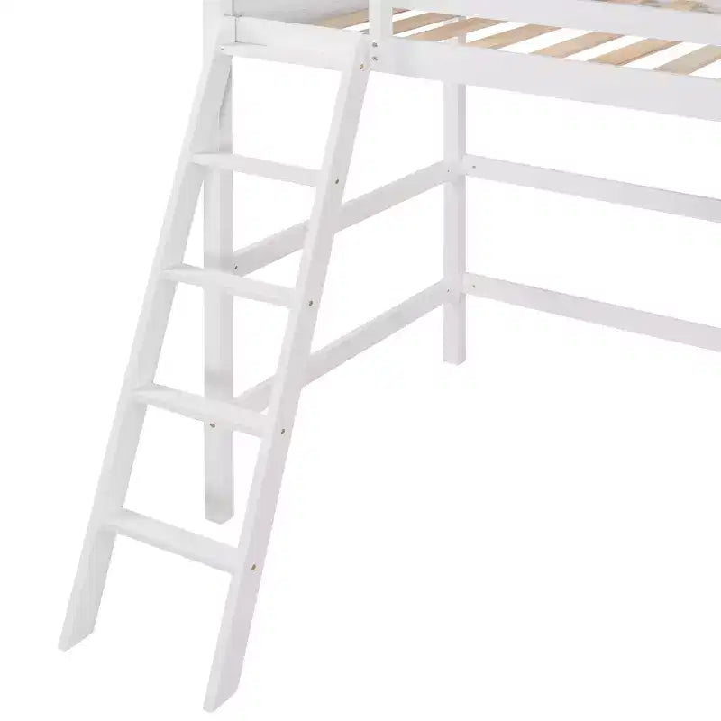 Lit mezzanine double blanc avec échelle et barrières de sécurité, 1 personne