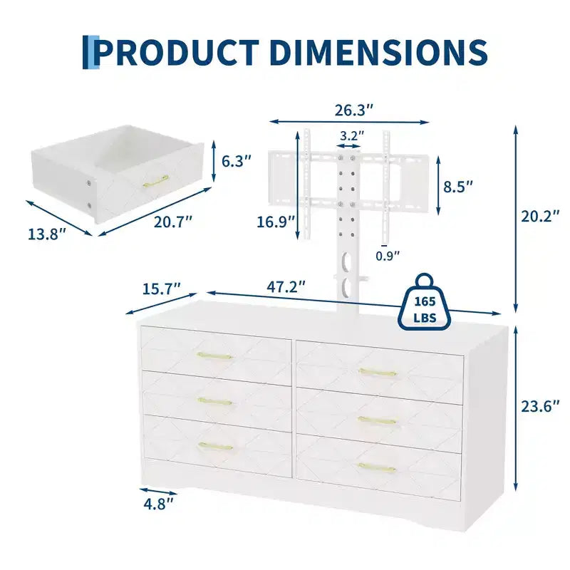 Meuble TV avec support réglable et 6 tiroirs, centre de divertissement pour téléviseurs de 32 à 80 pouces, console multimédia pour chambre à coucher ou salon