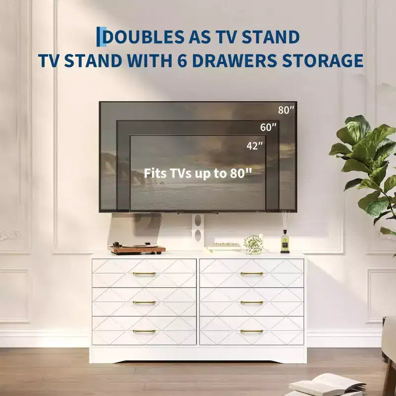 Meuble TV avec support réglable et 6 tiroirs, centre de divertissement pour téléviseurs de 32 à 80 pouces, console multimédia pour chambre à coucher ou salon