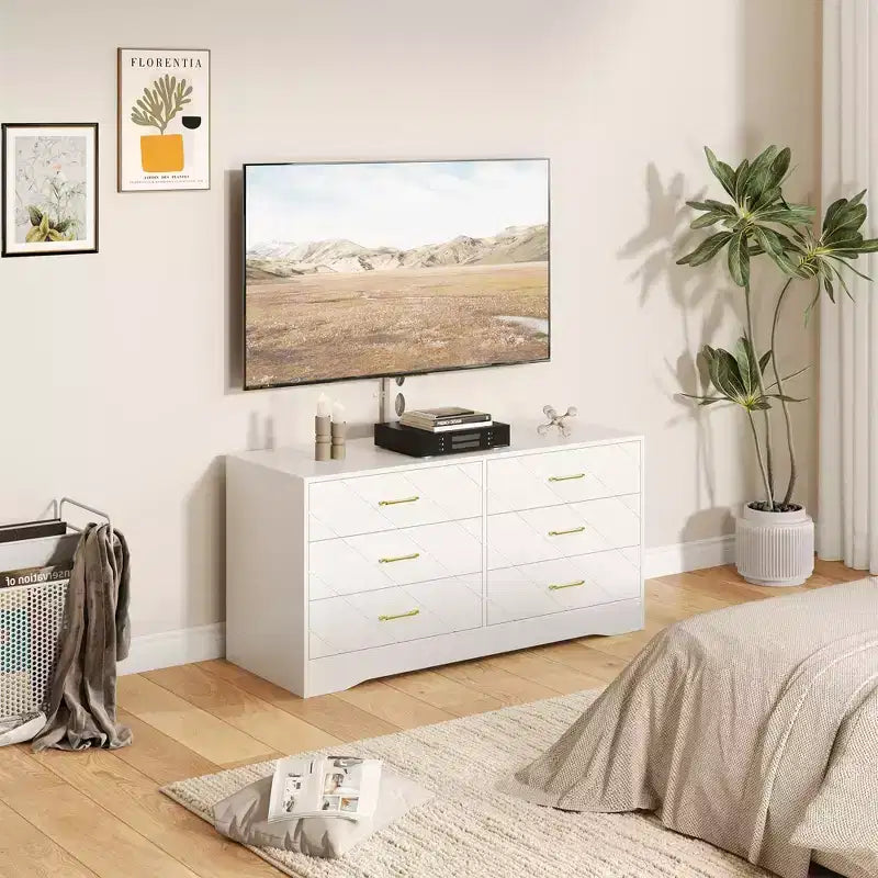 Meuble TV avec support réglable et 6 tiroirs, centre de divertissement pour téléviseurs de 32 à 80 pouces, console multimédia pour chambre à coucher ou salon