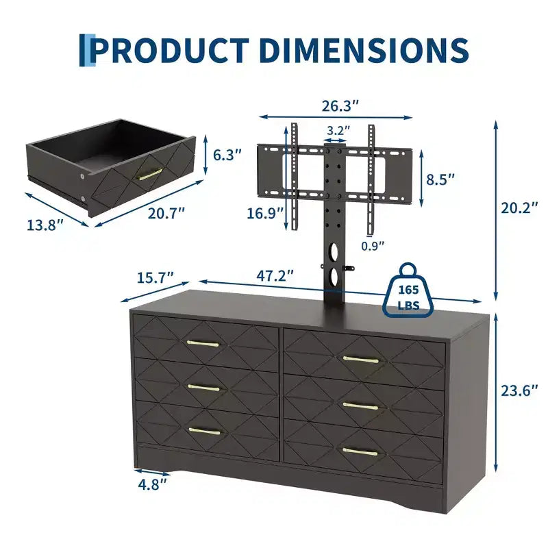 Meuble TV avec support réglable et 6 tiroirs, centre de divertissement pour téléviseurs de 32 à 80 pouces, console multimédia pour chambre à coucher ou salon
