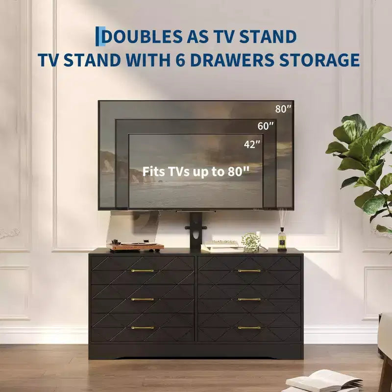 Meuble TV avec support réglable et 6 tiroirs, centre de divertissement pour téléviseurs de 32 à 80 pouces, console multimédia pour chambre à coucher ou salon
