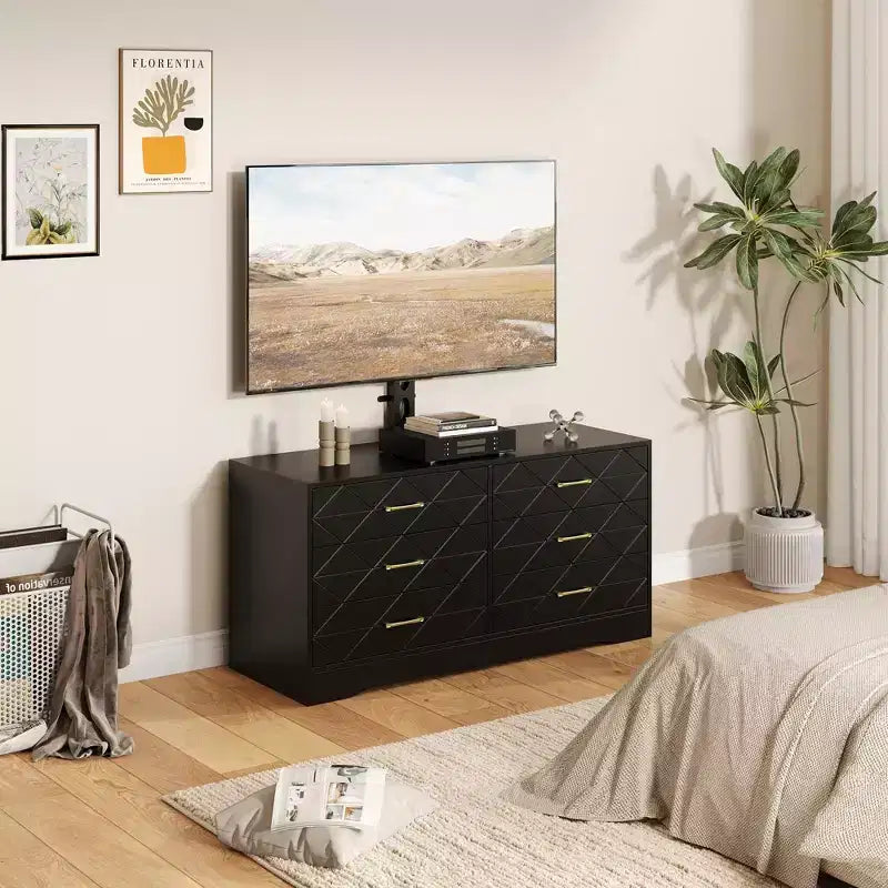 Meuble TV avec support réglable et 6 tiroirs, centre de divertissement pour téléviseurs de 32 à 80 pouces, console multimédia pour chambre à coucher ou salon
