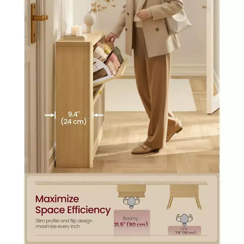 Meuble à chaussures Bohème Slim Chêne Beige / Marron Naturel – 2 tiroirs basculants, 1 personne