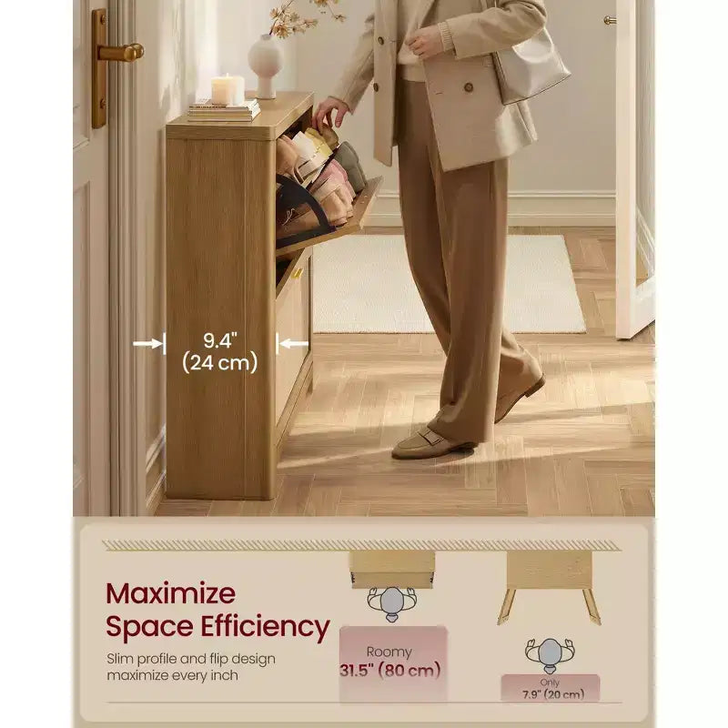 Meuble à chaussures Bohème Slim Chêne Beige / Marron Naturel – 2 tiroirs basculants, 1 personne