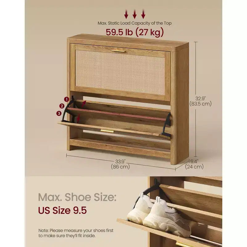 Meuble à chaussures Bohème Slim Chêne Beige / Marron Naturel – 2 tiroirs basculants, 1 personne