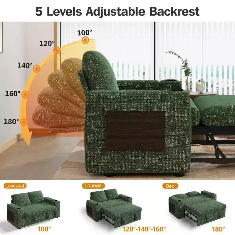 Canapé-lit 2 places en chenille/velours côtelé avec dossier inclinable – Beige/Vert/Gris