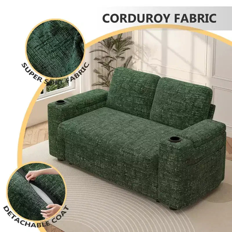 Canapé-lit 2 places en chenille/velours côtelé avec dossier inclinable – Beige/Vert/Gris