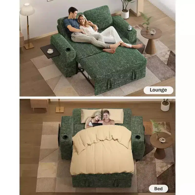 Canapé-lit 2 places en chenille/velours côtelé avec dossier inclinable – Beige/Vert/Gris