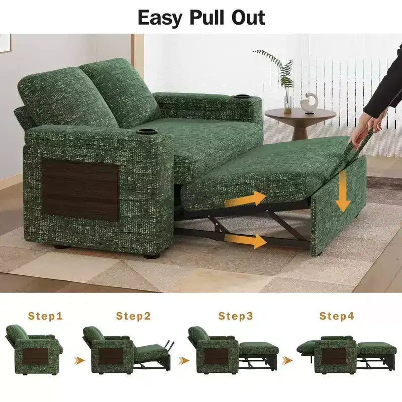 Canapé-lit 2 places en chenille/velours côtelé avec dossier inclinable – Beige/Vert/Gris