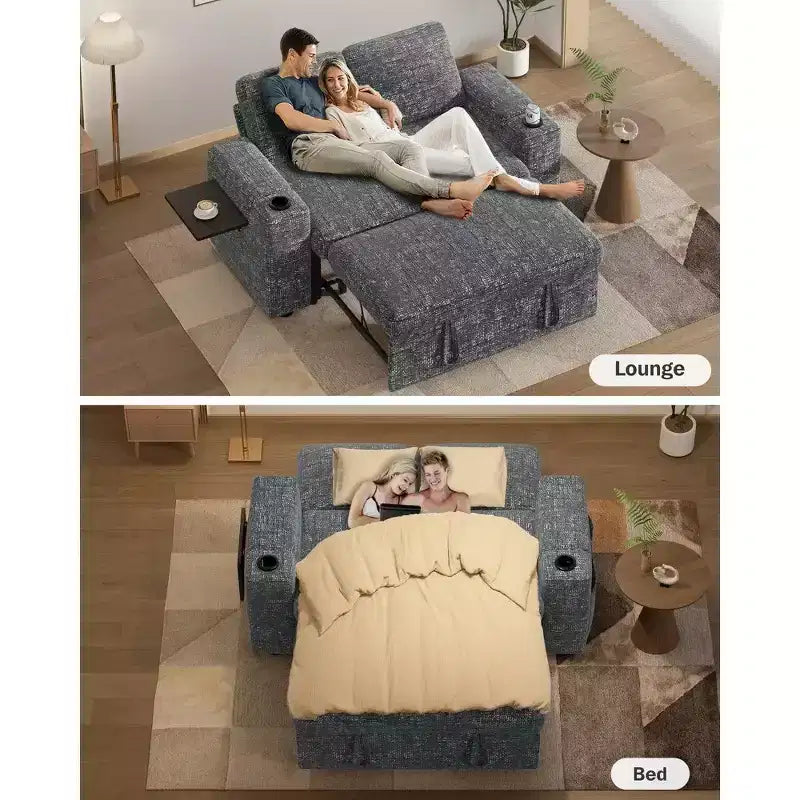 Canapé-lit 2 places en chenille/velours côtelé avec dossier inclinable – Beige/Vert/Gris