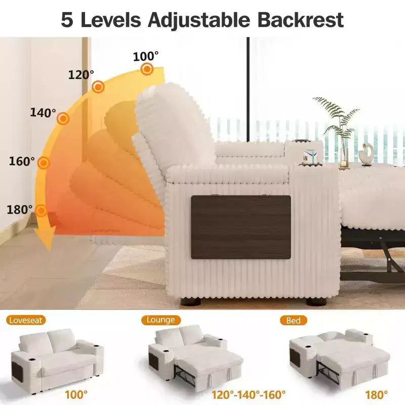 Canapé-lit 2 places en chenille/velours côtelé avec dossier inclinable – Beige/Vert/Gris