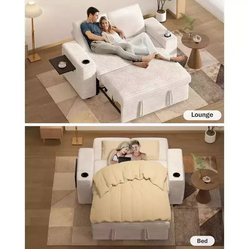 Canapé-lit 2 places en chenille/velours côtelé avec dossier inclinable – Beige/Vert/Gris