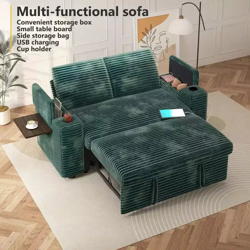 Canapé-lit 2 places en chenille/velours côtelé avec dossier inclinable – Beige/Vert/Gris