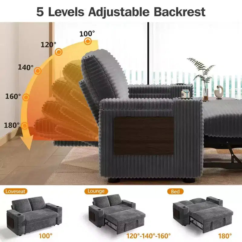 Canapé-lit 2 places en chenille/velours côtelé avec dossier inclinable – Beige/Vert/Gris