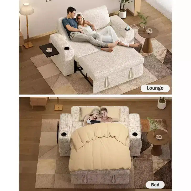 Canapé-lit 2 places en chenille/velours côtelé avec dossier inclinable – Beige/Vert/Gris