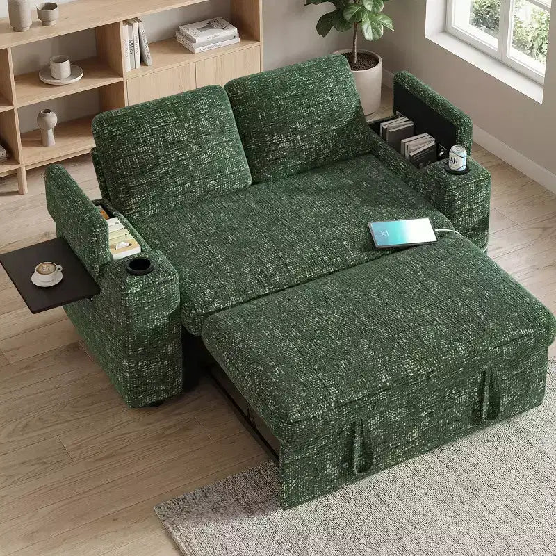 Canapé-lit 2 places en chenille/velours côtelé avec dossier inclinable – Beige/Vert/Gris