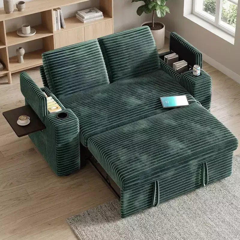 Canapé-lit 2 places en chenille/velours côtelé avec dossier inclinable – Beige/Vert/Gris