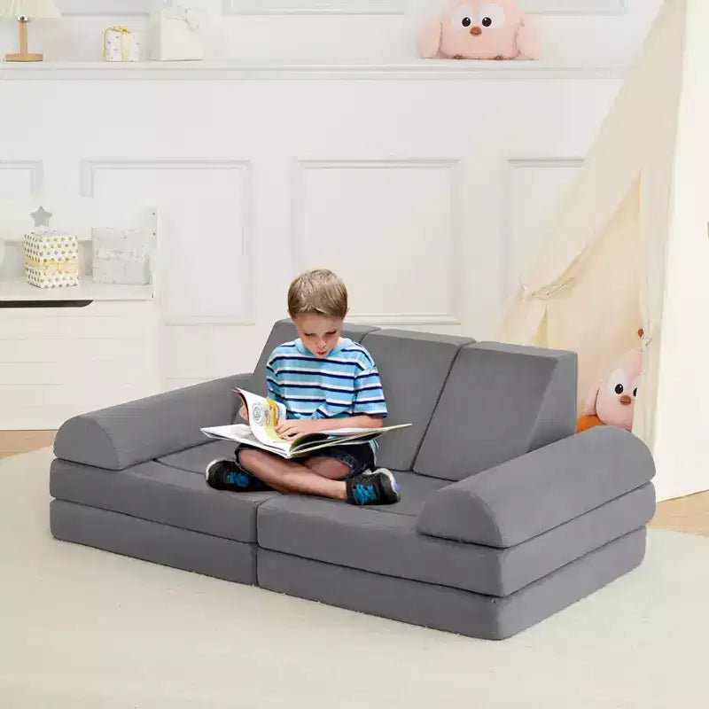 Canapé de jeu modulaire en daim gris – Canapé en mousse 10 pièces, 2 places