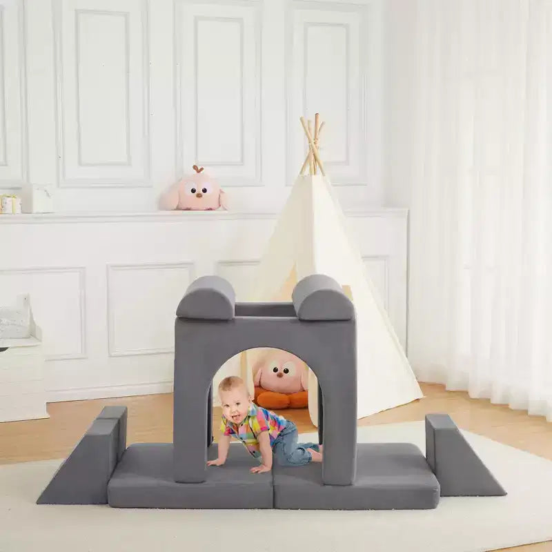 Canapé de jeu modulaire en daim gris – Canapé en mousse 10 pièces, 2 places