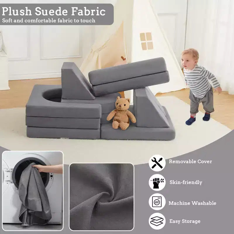 Canapé de jeu modulaire en daim gris – Canapé en mousse 10 pièces, 2 places