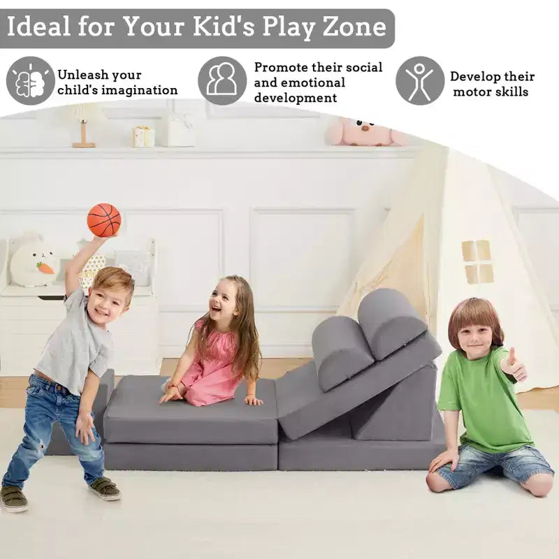 Canapé de jeu modulaire en daim gris – Canapé en mousse 10 pièces, 2 places