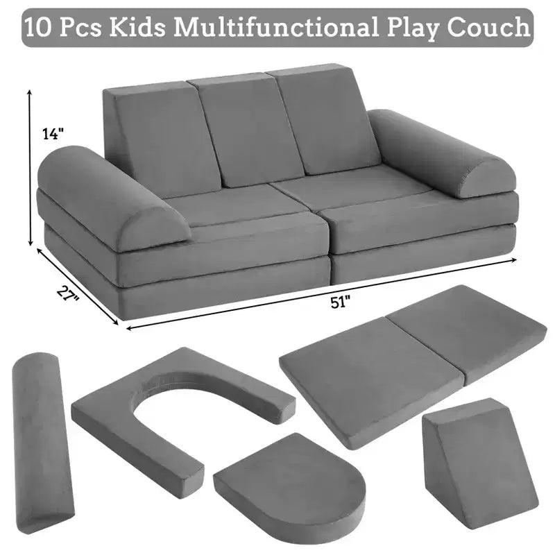 Canapé de jeu modulaire en daim gris – Canapé en mousse 10 pièces, 2 places