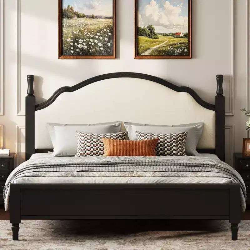 ModernLuxe Queen/King Size Platform Bed with Upholstered Curved Headboard, Pine Wood Bed Frame, No Box Spring Needed