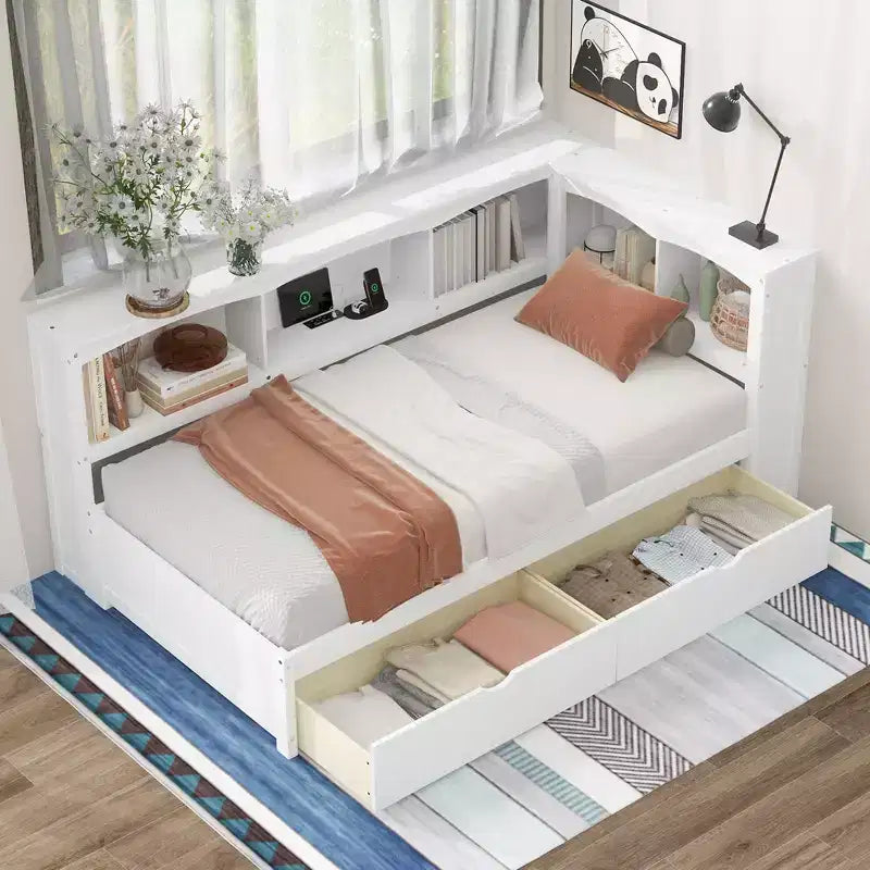 Lit de repos jumeau blanc avec tiroirs de rangement et ports USB – 1 personne