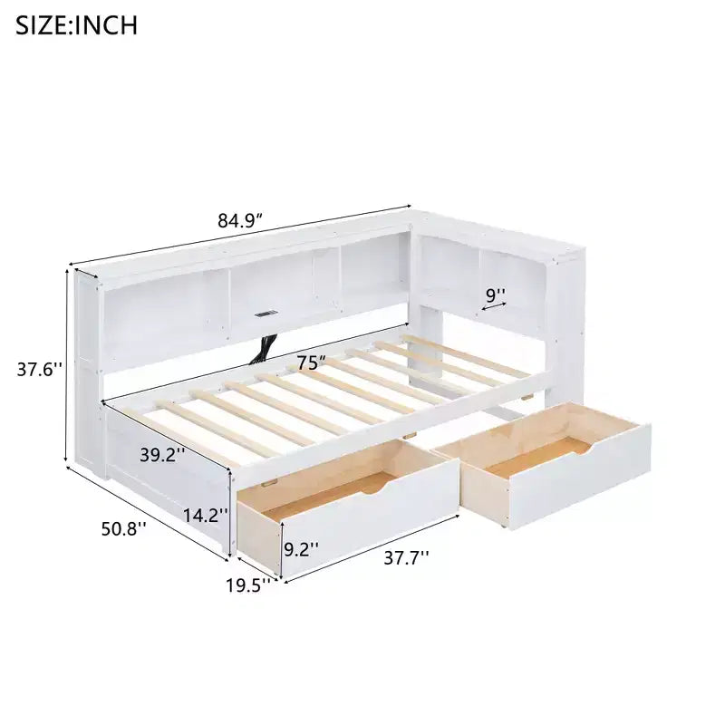 Lit de repos jumeau blanc avec tiroirs de rangement et ports USB – 1 personne