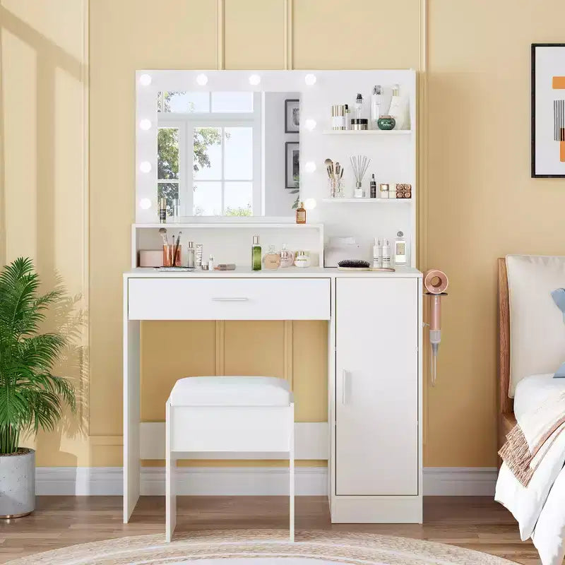 Coiffeuse lumineuse noire/blanche avec miroir et tabouret, 1 personne