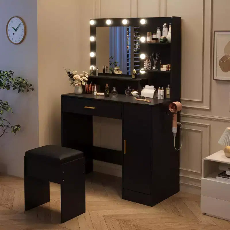 Coiffeuse lumineuse noire/blanche avec miroir et tabouret, 1 personne