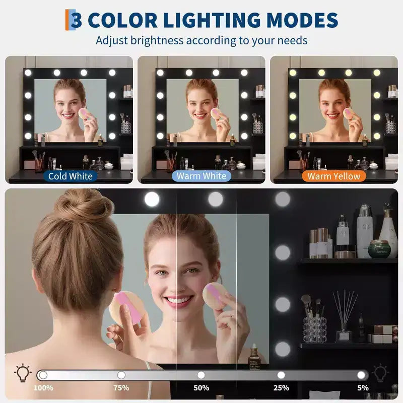 Coiffeuse lumineuse noire/blanche avec miroir et tabouret, 1 personne