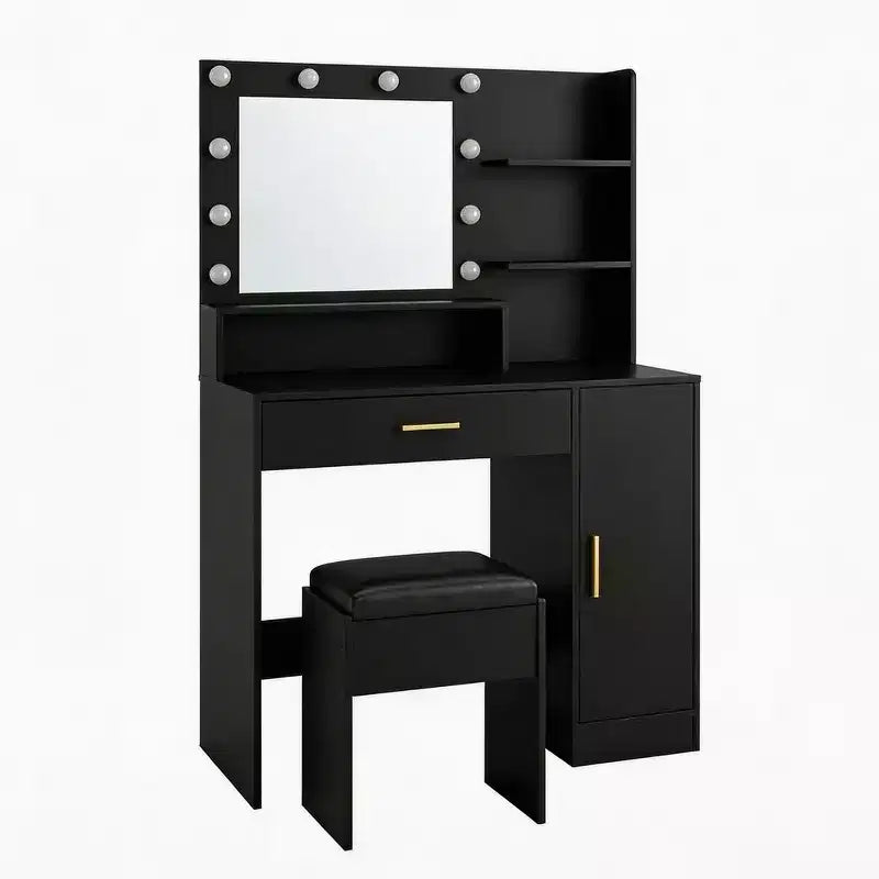 Coiffeuse lumineuse noire/blanche avec miroir et tabouret, 1 personne