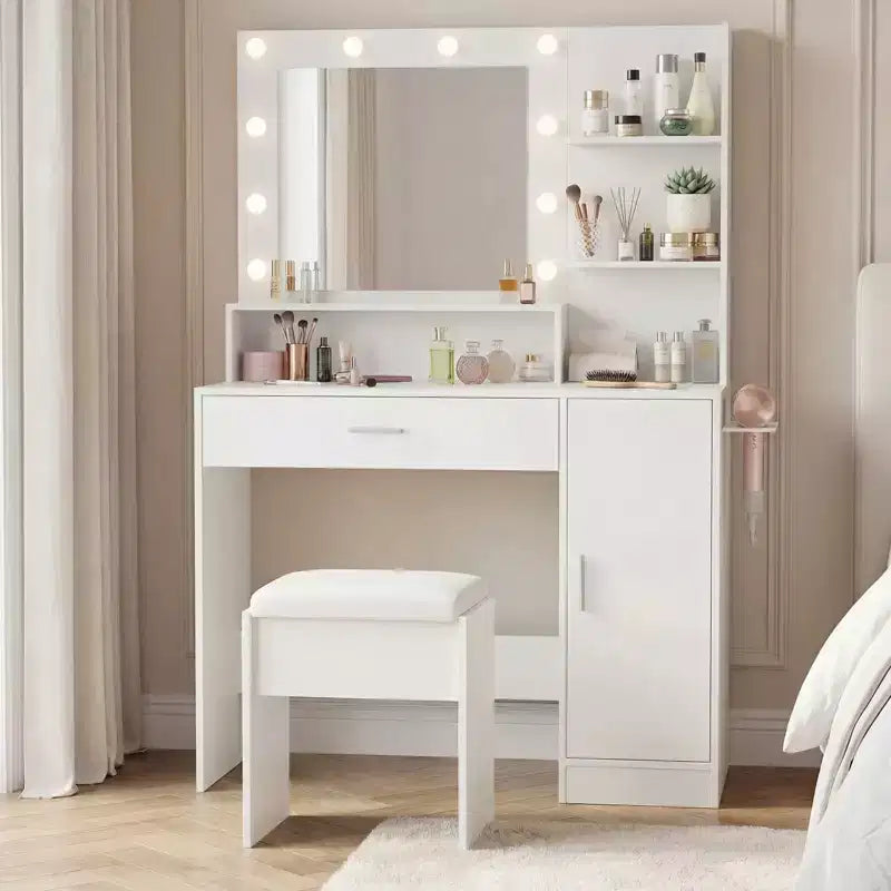 Coiffeuse lumineuse noire/blanche avec miroir et tabouret, 1 personne