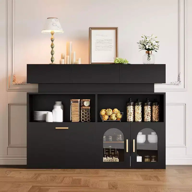 Bahut en bois noir / naturel avec 3 tiroirs et étagère réglable