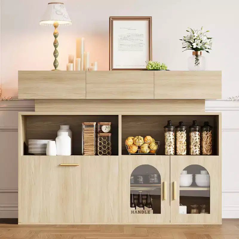 Bahut en bois noir / naturel avec 3 tiroirs et étagère réglable