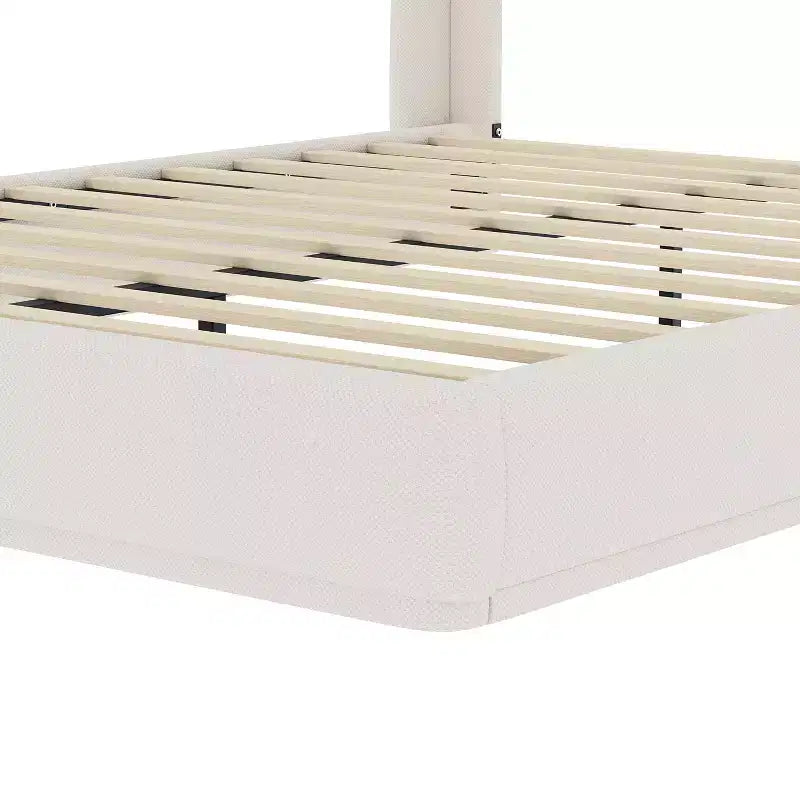 Lit plateforme capitonné Queen avec tête de lit à oreilles – Beige/Marron, 2 places