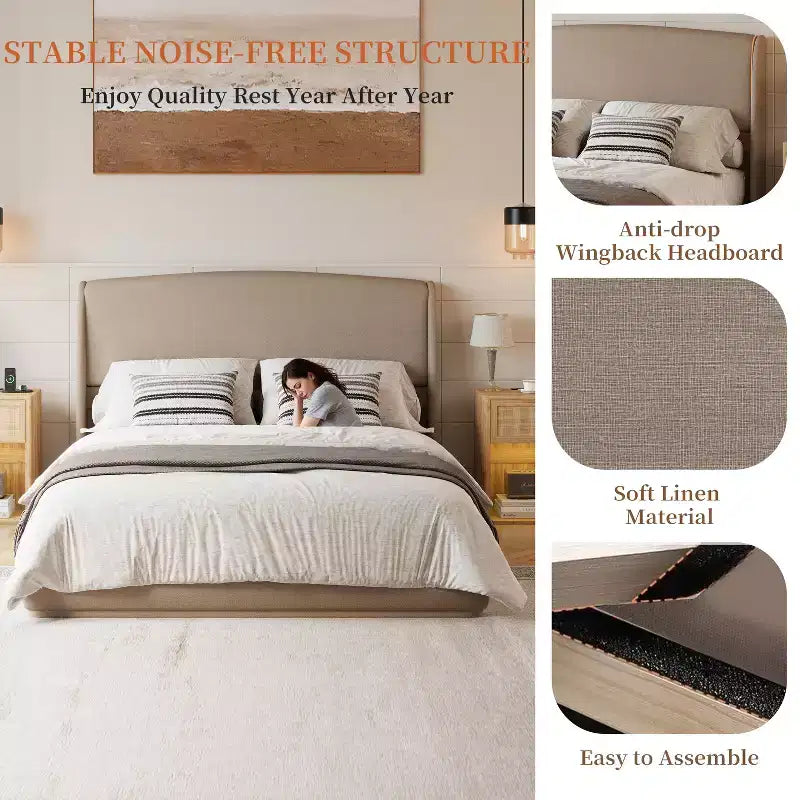 Lit plateforme capitonné Queen avec tête de lit à oreilles – Beige/Marron, 2 places