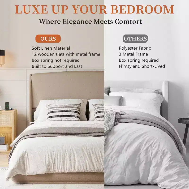Lit plateforme capitonné Queen avec tête de lit à oreilles – Beige/Marron, 2 places