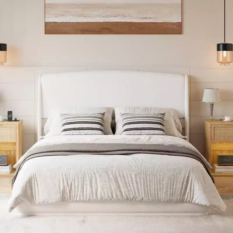 Lit plateforme capitonné Queen avec tête de lit à oreilles – Beige/Marron, 2 places