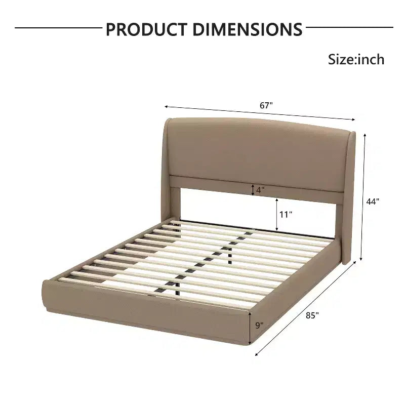 Lit plateforme capitonné Queen avec tête de lit à oreilles – Beige/Marron, 2 places