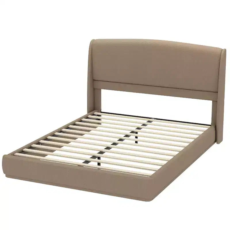 Lit plateforme capitonné Queen avec tête de lit à oreilles – Beige/Marron, 2 places