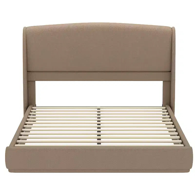 Lit plateforme capitonné Queen avec tête de lit à oreilles – Beige/Marron, 2 places