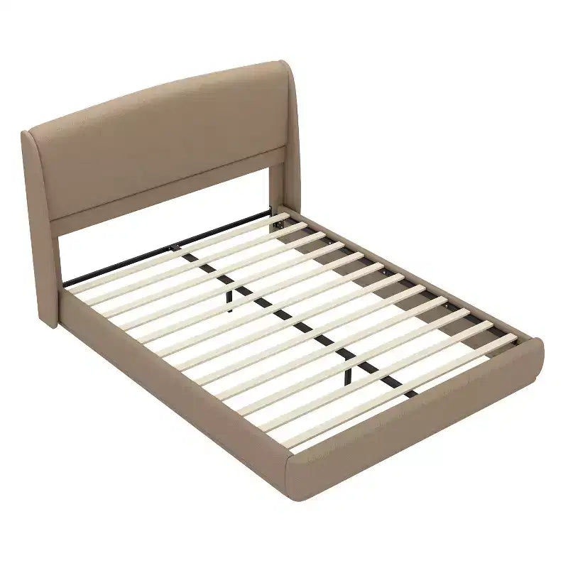 Lit plateforme capitonné Queen avec tête de lit à oreilles – Beige/Marron, 2 places